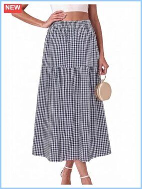 Gingham Plaid Maxi Skirt with Pockets High Waisted A-Line Flowy Tiered